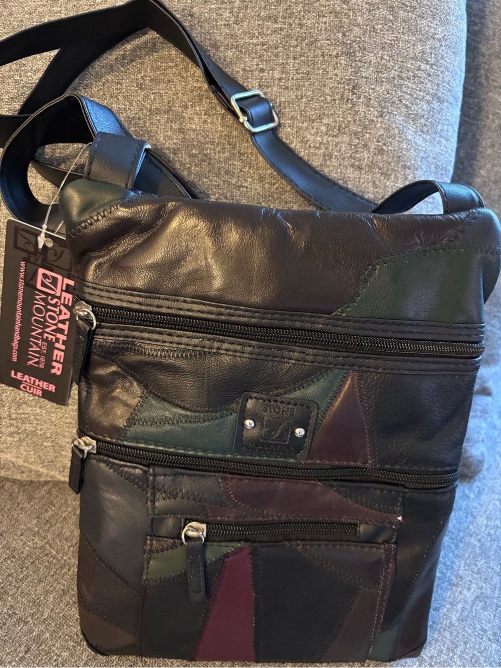 Stone Mountain black, soft leather plum burgundy mult-color patch Crossbody Bag